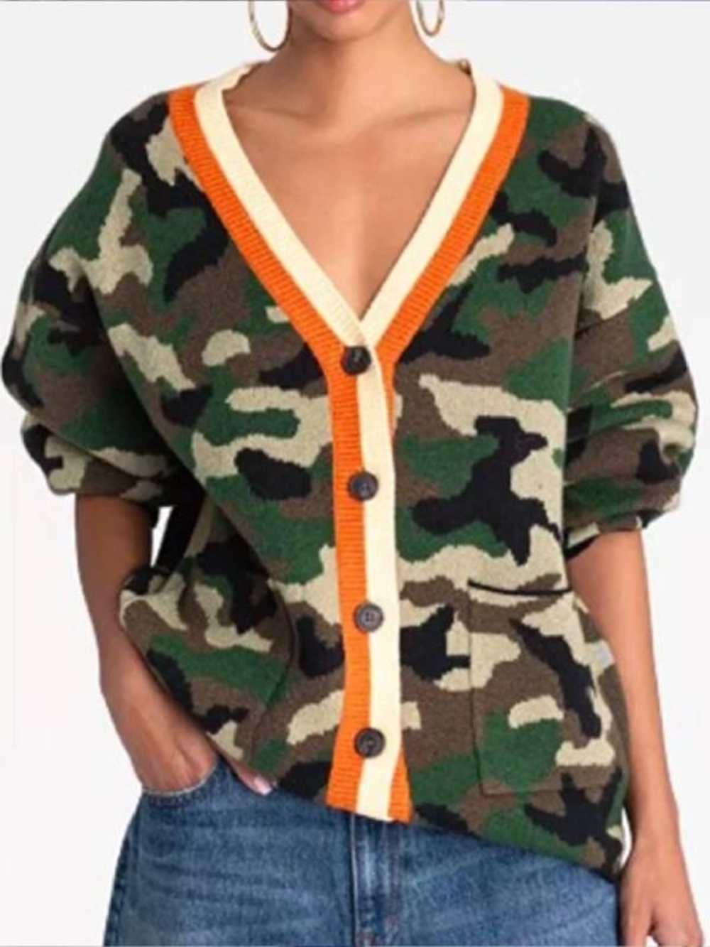 Camo V-Neck Button Cardigan with Contrast Trim Size 4X - Picture 2 of 3